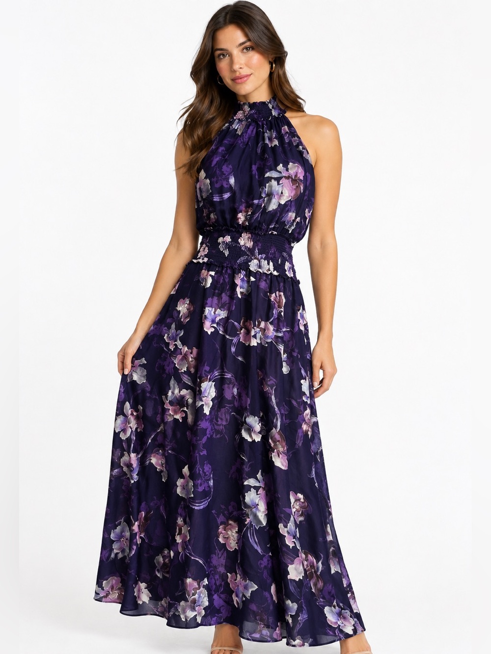 White House Black Market Purple Floral Halter Midi Dress size 8